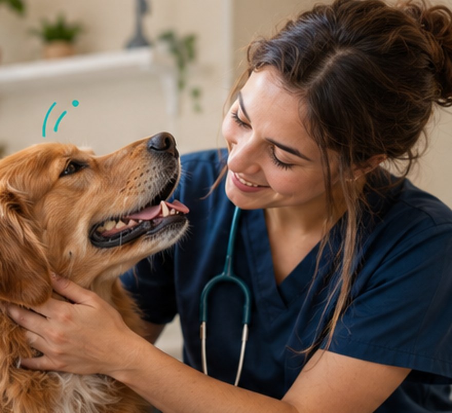 Profesional veterinaria compartiendo un momento cercano con un perro
