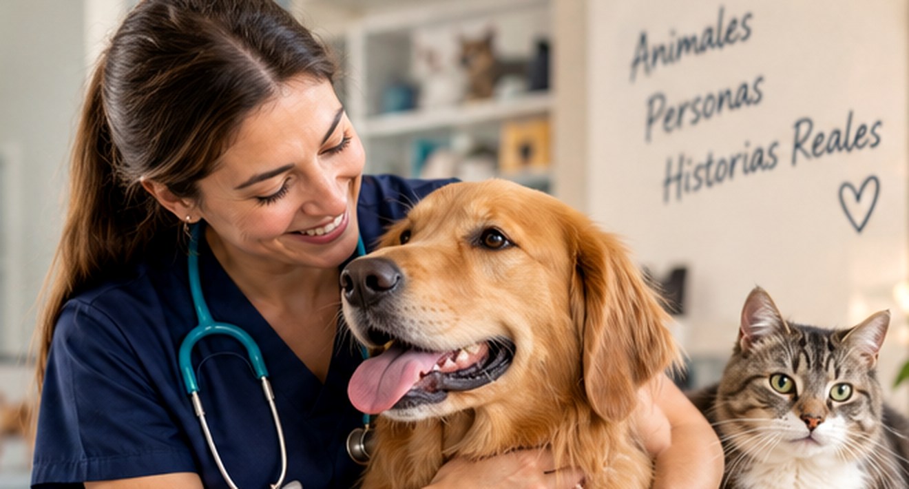 Veterinaria acompañando con cariño a un perro y un gato en una clínica